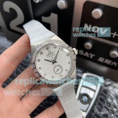 Swiss Copy Omega Constellation White Dial Leather Strap Ladies Watch 35mm